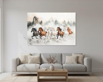 Lienzo con estampado de ocho caballos, pintura china con tinta Feng Shui, decoración para el éxito