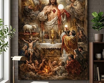 Jesus Christ Sacred Heart Wall Art, Catholic Canvas Print, Christian Faith Decor, Eucharistic Religious Painting