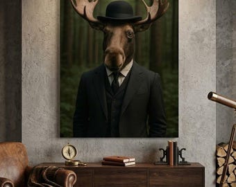 Moose in Suit Canvas Wall Art - Victorian Gentleman Moose Painting - Monocle Bowler Hat Dark Forest Decor