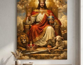 Jesus, der König der Könige – Leinwandbild – Christus der König mit Löwe und Lamm – Katholische Dekoration mit königlichem Motiv – Hochwertiger Hochformatdruck