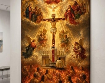 Holy Sacrifice of the Mass Canvas Wall Art - Catholic Eucharist Crucifixion Painting - Sacred Heart Altar Decor