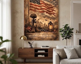 America 250 Anniversary Canvas Wall Art, USA Patriotic Decor, Bald Eagle Flag Poster, Veteran Memorial Gift, Rustic Military Artwork