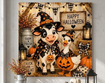 Niedliches Halloween-Leinwandbild mit Kuh und Gans – Fröhliches Halloween-Gemälde mit Bauernhoftieren – Herbstdeko im Landhausstil – Hochwertiger quadratischer Leinwanddruck