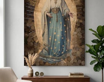 Our Lady of Grace Canvas Wall Art - Virgin Mary Mandorla Rays Painting - Catholic Sacred Heart Decor - Blessed Mother Fine Print