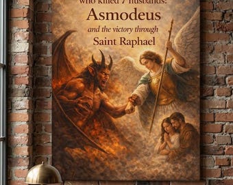 Saint Raphael Archangel Canvas Wall Art - Defeating Asmodeus Demon Painting - Catholic Marriage Protection Decor - Fine Vertical Print