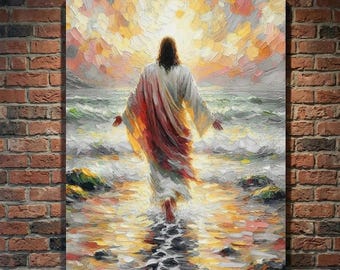 Jesus Walking Ocean Canvas Art: Colorful Impressionist Faith Decor