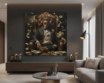 Mafia Boss Canvas Art, Rich Man Throne Money Portrait, Dark Wealth Decor