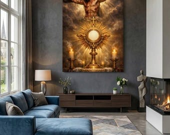 Canvas print featuring Jesus crucified and the Eucharist - The Sacred Heart of Mercy - Inspiring Christian home decor.