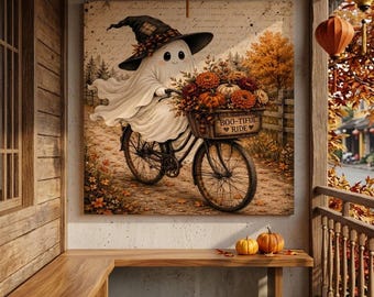 Cute Ghost Riding Bicycle Canvas Wall Art - Boo-tiful Ride Pumpkin Flower Sign - Country Farmhouse Autumn Decor - Fine Square Print