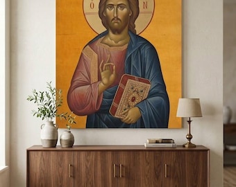Jesus Christ Pantocrator Canvas Wall Art - Byzantine Eastern Orthodox Icon Painting - Catholic Sacred Heart Decor - Fine Religious Print