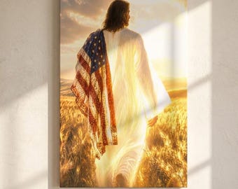 Jesus with American Flag Canvas Wall Art - Patriotic Wheat Field Painting - God Bless America Decor - Fine Christian Vertical Print