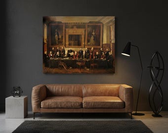 Vintage Scholars Meeting Canvas Wall Art - Historical Boardroom Gentlemen Oil Painting - Dark Academia Office Decor - Classical Fine Print