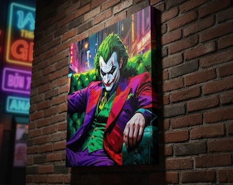 Joker Canvas Wall Art – Iconic Villain Portrait, Neon City Pop Art Home Decor