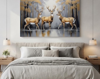 Deer Trio Misty Woodland Canvas Art: Elegant Gold Tone Wildlife Nature Print