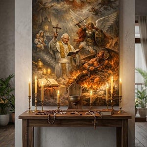Puede incluir: Una gran impresión de arte mural vertical que representa una escena religiosa con un papa sosteniendo un crucifijo, un ángel con una espada y una figura entre llamas. La obra se exhibe sobre una mesa de altar de madera con velas encendidas y rosarios.