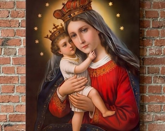 Our Lady Help of Christians Canvas Wall Art - Crowned Virgin Mary with Baby Jesus Painting - Catholic Sacred Heart Decor - Fine Print