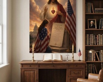 Sacred Heart of Jesus Consecration USA Canvas Wall Art - Catholic Patriotic American Flag Painting - Religious Prayer Fine Print