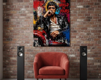 Scarface Canvas Wall Art, Tony Montana Graffiti Poster, The World Is Yours Print, Mafia Movie Inspired Street Art Decor