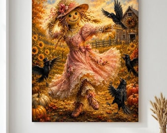Leinwandbild „Tanzende Vogelscheuche“ – Kürbisbild „Mädchen im rosa Kleid“ – Herbstliche Landhausdeko – Hochwertiger vertikaler Leinwanddruck