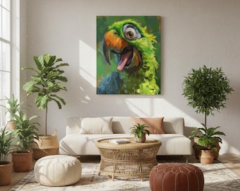 Funny Parrot Canvas Art, Colorful Cartoon Bird Painting, Tropical Jungle Decor