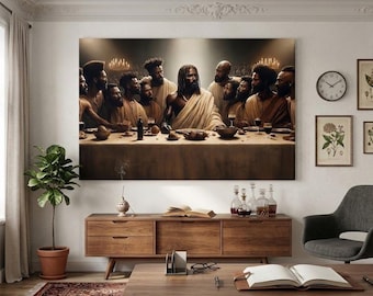 Black Jesus Last Supper Canvas Wall Art - African American Religious Painting - Christian Cultural Heritage Decor - Fine Horizontal Print