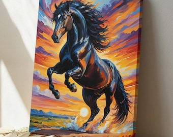 Majestic Black Horse Canvas Art, Sunset Painting, Modern Home Decor