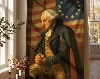 Vintage George Washington Wall Art, Patriotic American Flag Canvas Print, Historic USA Decor, Founding Father Painting