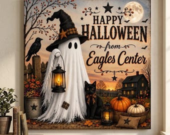 Vintage Ghost Halloween Canvas Wall Art - Cute Witch Hat Black Cat Pumpkin Sign - Country Farmhouse Autumn Decor - Fine Square Print