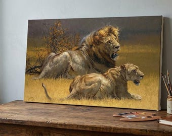Majestic Lions Wildlife Art – Realistic African Savanna Canvas Print