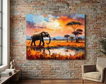 African Elephant Sunset Canvas Wildlife Safari Landscape Painting Print Nature Decor Golden Reflection Artwork