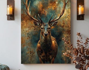 Majestätisches Hirsch-Leinwandbild – Abstraktes Gemälde mit gold-türkisfarbenem Hirschgeweih – Rustikale Hüttendekoration mit Wildtiermotiven – Hochwertiger vertikaler Leinwanddruck