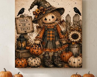 Vintage Scarecrow Witch Canvas Wall Art - Cute Trick or Treat Pumpkin Sign - Country Farmhouse Autumn Decor - Fine Square Canvas Print