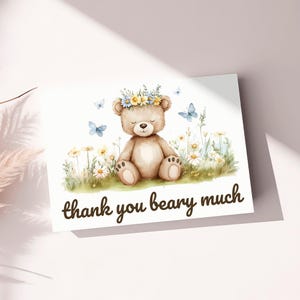Bewerkbare We Can Bearly Wait bedankkaart babyshower, aangepaste teddybeer babyshower cadeaus, sjabloon baby in bloei wilde bloemen BAB-100