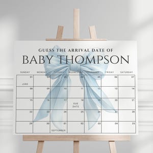 Editable Elegant Blue Bow Baby Shower Due Date Calendar, Cute Girly Coquette Baby Shower Decor, Delicate Simple Coquette Bow Theme BAB-102