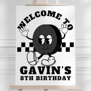 Editable Retro Hockey Birthday Welcome Sign, Sports Themed Birthday Party Birthday Decor, Vintage Kids Party Sign Canva Template BIR-315