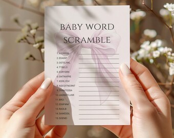 Printable Elegant Pink Bow Baby Shower Baby Word Scramble Game, Girly Coquette Baby Shower Activities, Delicate Simple Coquette Bow BAB-101