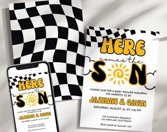 Here Comes The Son Baby Shower Invitation: Retro Sun (Digital Download Canva Template BAB-105