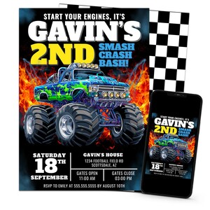 Editable Monster Truck 2nd Cool Blue Birthday Invitation, 2nd Birthday Truck Party Birthday Invite, Truck Theme Party Canva Template BIR-322