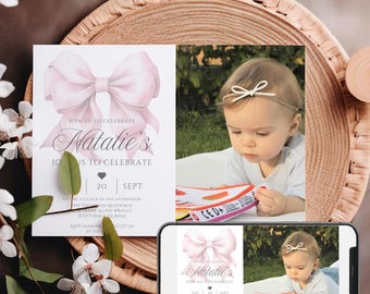 May include: A pink and white invitation with a large pink bow and the text "Join us to celebrate Natalie's" and "Join us to celebrate" with a heart and the date "20 SEPT".
