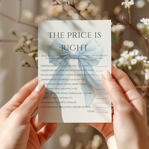 Printable Elegant Blue Bow Baby Shower The Price is Right Game, Girly Coquette Baby Shower Activities, Delicate Simple Coquette Bow BAB-102