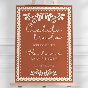 Editable Terracotta Cielito Lindo Baby Shower Welcome Sign, Papel Picado Mexican Baby Shower Decor, Digital Download Canva Template BAB-104