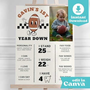 Editable First Year Down Football Birthday Milestone Sign, First Birthday Party Birthday Decor, 1st Birthday Party Canva Template BIR-308