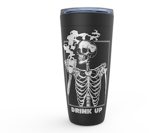 Skeleton Drinking Coffee Stainless Steel Tumbler 20 oz, Gothic Coffee Lover Gift For Her Or For Him, Mall Goth Travel Mug For Coffee Addict