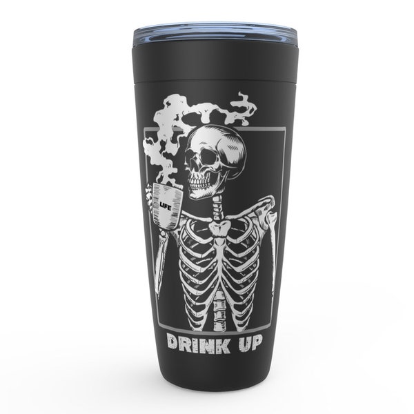 Skeleton Drinking Coffee Stainless Steel Tumbler 20 oz, Gothic Coffee Lover Gift For Her Or For Him, Mall Goth Travel Mug For Coffee Addict