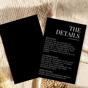 Bewerkbare moderne minimalistische bruiloftdetails bijlagekaart, zwart-wit QR-code bruiloft briefpapier, doe-het-zelfcanva-sjabloon downloaden wo-402