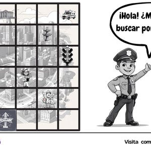 Op de afbeelding: Zwart-wit illustratie van een puzzelspel met een stadsthema en een rasterindeling. Een stripfiguur van een politieagent vraagt: "¡Hola! ¿Me ayudas a buscar por la ciudad?" Het spelbord bevat stadselementen.
