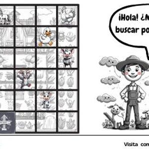 May include: Monochrome image of a farm-themed maze featuring a horse, duck, and cow. A cartoon farmer with two dogs asks, "¡Hola! ¿Me ayudas a buscar por la granja?" The word "COMELETRAS" is at the bottom of the image.