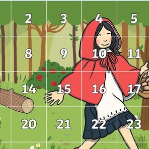 May include: Illustration of a girl in a red hooded cloak, carrying a basket of eggs. She is walking through a forest with a log on the ground. The background features trees and flowers.