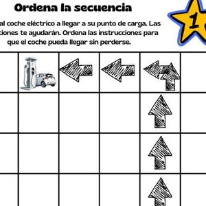 Könnte beinhalten: Ein spanisches Arbeitsblatt mit dem Titel "Ordena la secuencia". Das Bild zeigt ein Raster mit einem Auto, einer Ladestation und Richtungspfeilen. Das Bild enthält einen Stern mit der Zahl 1. Die Aufgabe ist es, das Auto zu führen.