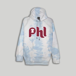 PHL Philly Baseball themed Tie-Dye Hoodie & Sweatshirts done in 80&#39;s font  by Love City Shirts